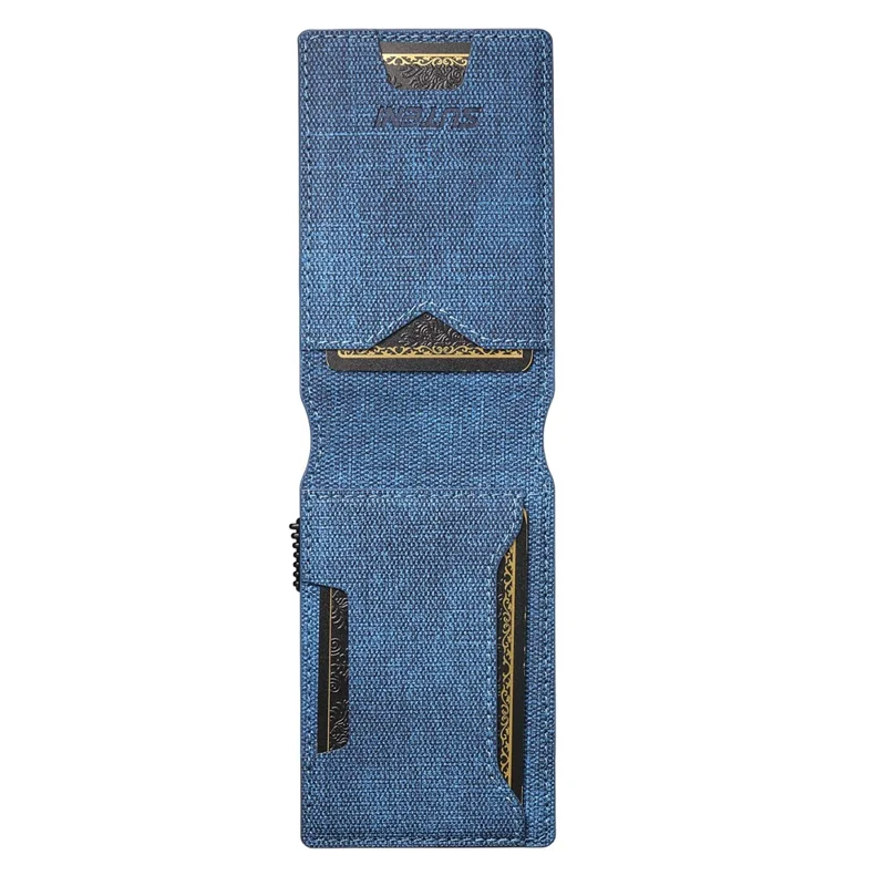 Étui pour Cartes SUTENI avec Texture de Jean Imprimée en Cuir PU, Boîtier à Cartes Métallique Automatique à Ouverture Escamotable - Bleu