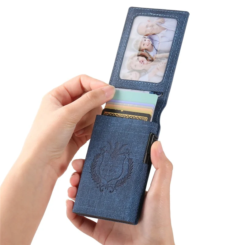 Étui pour Cartes SUTENI avec Texture de Jean Imprimée en Cuir PU, Boîtier à Cartes Métallique Automatique à Ouverture Escamotable - Bleu