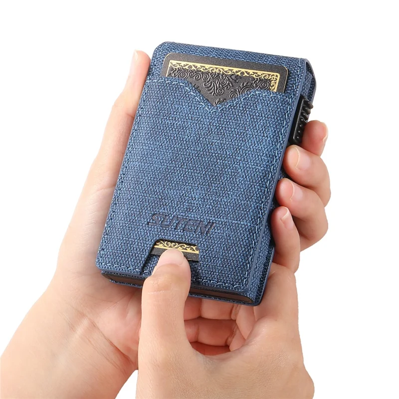 Étui pour Cartes SUTENI avec Texture de Jean Imprimée en Cuir PU, Boîtier à Cartes Métallique Automatique à Ouverture Escamotable - Bleu