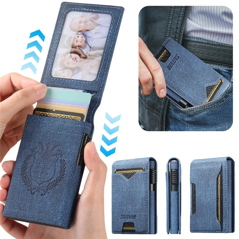 Étui pour Cartes SUTENI avec Texture de Jean Imprimée en Cuir PU, Boîtier à Cartes Métallique Automatique à Ouverture Escamotable - Bleu