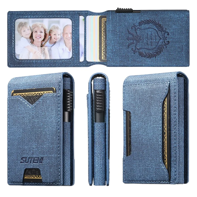 Étui pour Cartes SUTENI avec Texture de Jean Imprimée en Cuir PU, Boîtier à Cartes Métallique Automatique à Ouverture Escamotable - Bleu