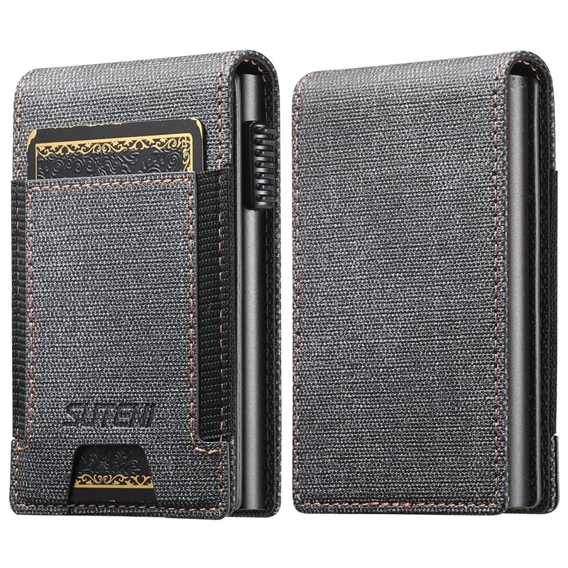 Bande élastique SUTENI Porte-cartes Texture en jean Cuir PU + Étui à carte à ouverture automatique en métal - Noir