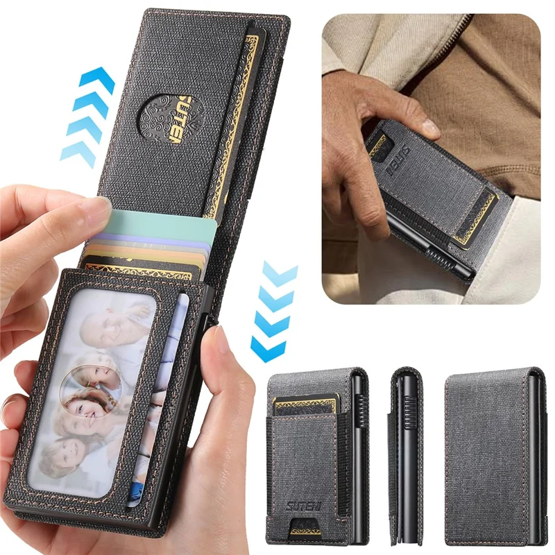 Bande élastique SUTENI Porte-cartes Texture en jean Cuir PU + Étui à carte à ouverture automatique en métal - Noir