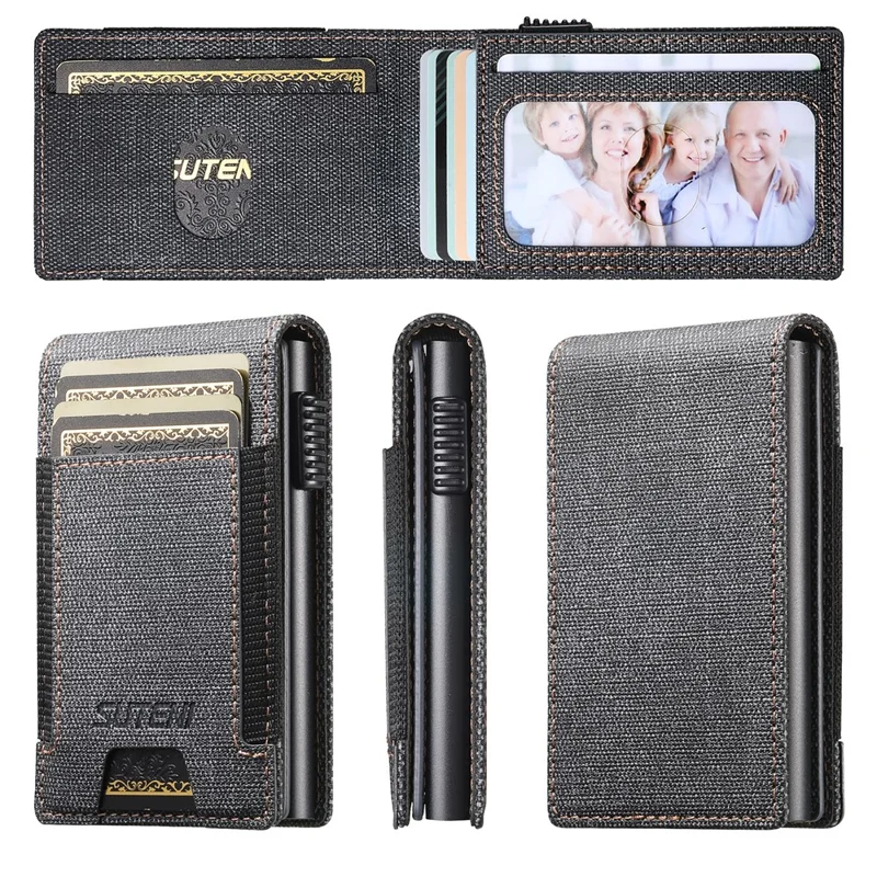 Bande élastique SUTENI Porte-cartes Texture en jean Cuir PU + Étui à carte à ouverture automatique en métal - Noir