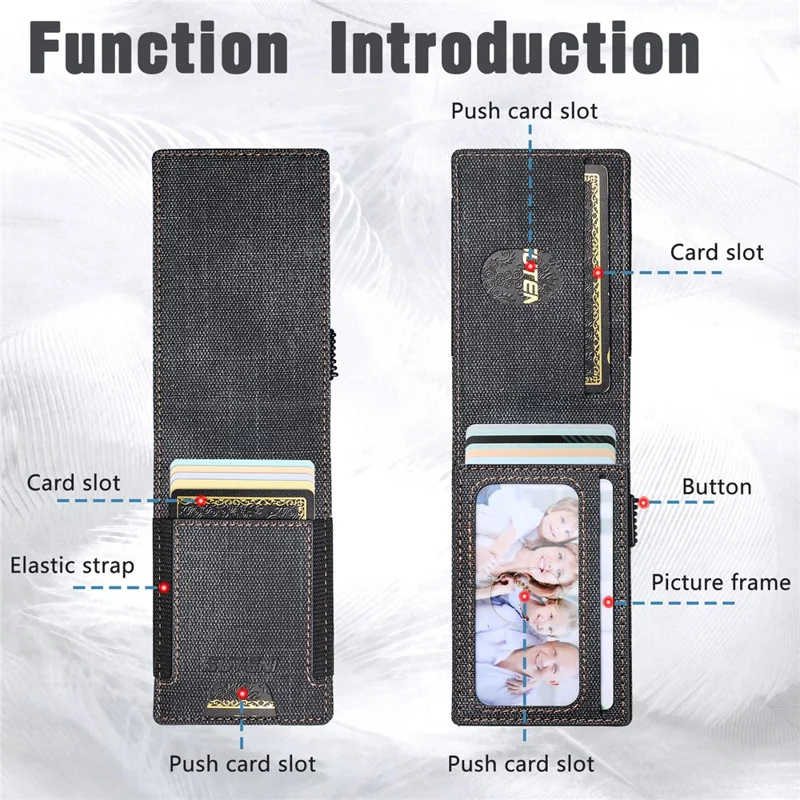 Bande élastique SUTENI Porte-cartes Texture en jean Cuir PU + Étui à carte à ouverture automatique en métal - Noir