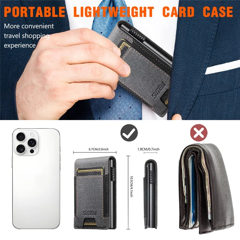 Bande élastique SUTENI Porte-cartes Texture en jean Cuir PU + Étui à carte à ouverture automatique en métal - Noir