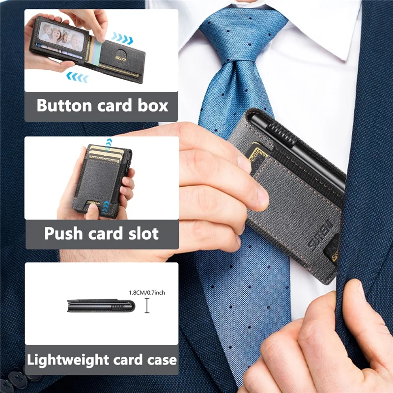 Bande élastique SUTENI Porte-cartes Texture en jean Cuir PU + Étui à carte à ouverture automatique en métal - Noir