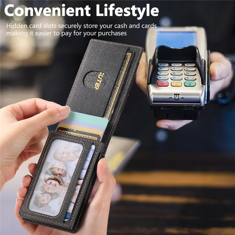 Bande élastique SUTENI Porte-cartes Texture en jean Cuir PU + Étui à carte à ouverture automatique en métal - Noir