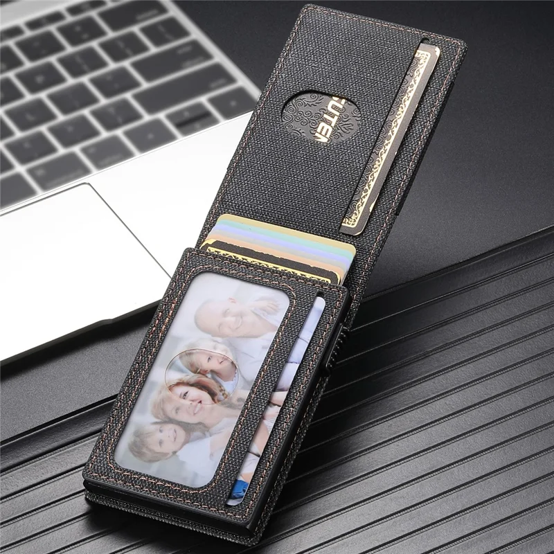 Bande élastique SUTENI Porte-cartes Texture en jean Cuir PU + Étui à carte à ouverture automatique en métal - Noir