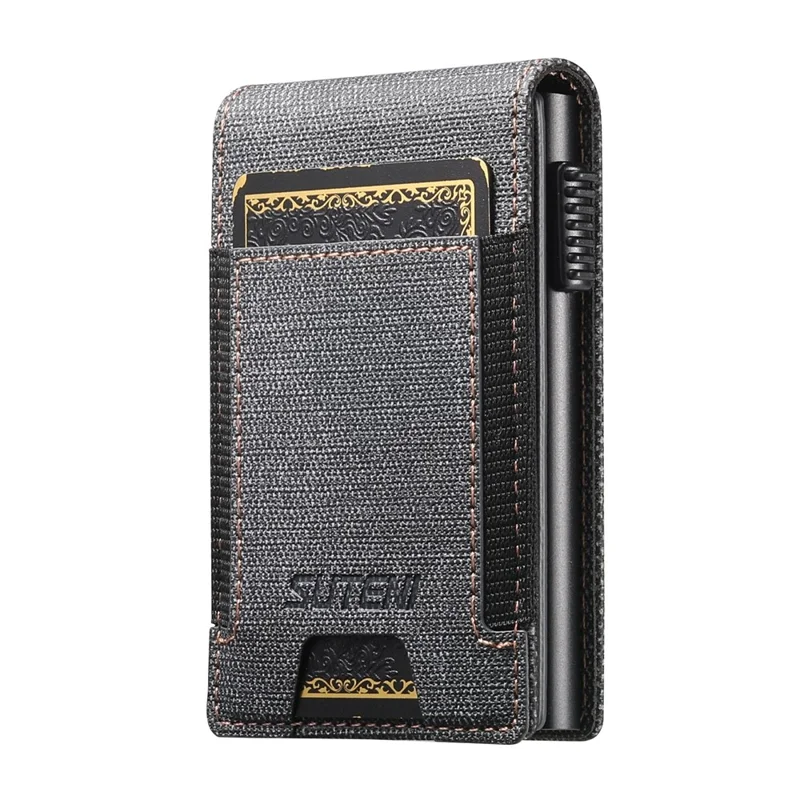 Bande élastique SUTENI Porte-cartes Texture en jean Cuir PU + Étui à carte à ouverture automatique en métal - Noir