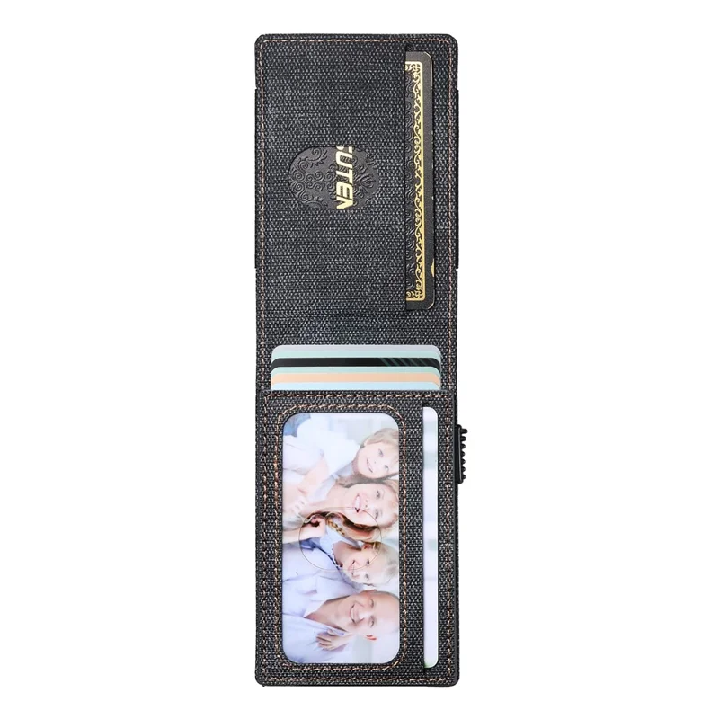 Bande élastique SUTENI Porte-cartes Texture en jean Cuir PU + Étui à carte à ouverture automatique en métal - Noir