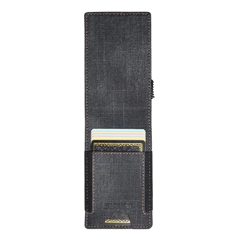 Bande élastique SUTENI Porte-cartes Texture en jean Cuir PU + Étui à carte à ouverture automatique en métal - Noir