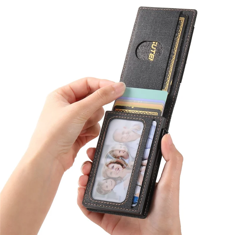 Bande élastique SUTENI Porte-cartes Texture en jean Cuir PU + Étui à carte à ouverture automatique en métal - Noir
