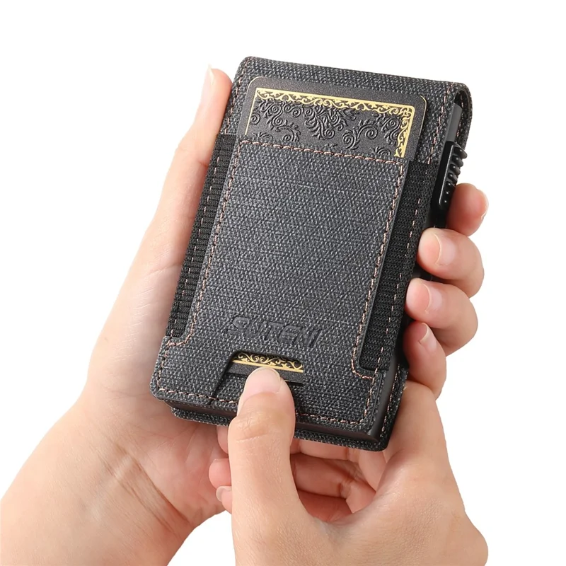 Bande élastique SUTENI Porte-cartes Texture en jean Cuir PU + Étui à carte à ouverture automatique en métal - Noir