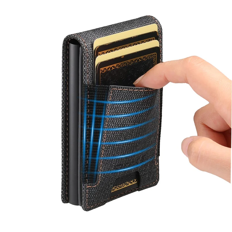 Bande élastique SUTENI Porte-cartes Texture en jean Cuir PU + Étui à carte à ouverture automatique en métal - Noir