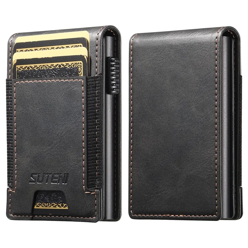 SUTENI Étui pour cartes à bande élastique avec texture cirée en cuir PU + Boîtier à cartes automatique en métal - Noir