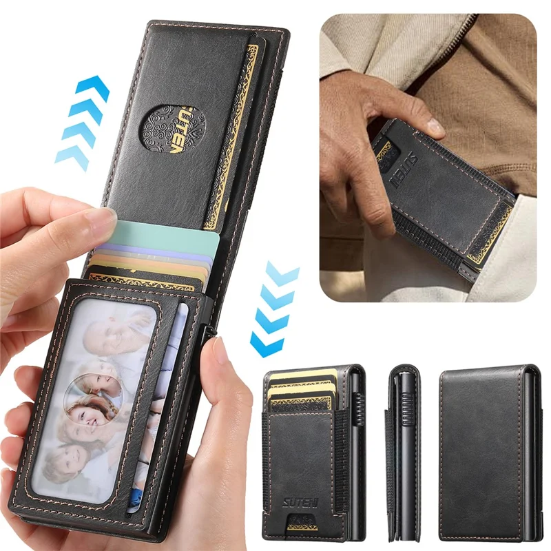 SUTENI Étui pour cartes à bande élastique avec texture cirée en cuir PU + Boîtier à cartes automatique en métal - Noir