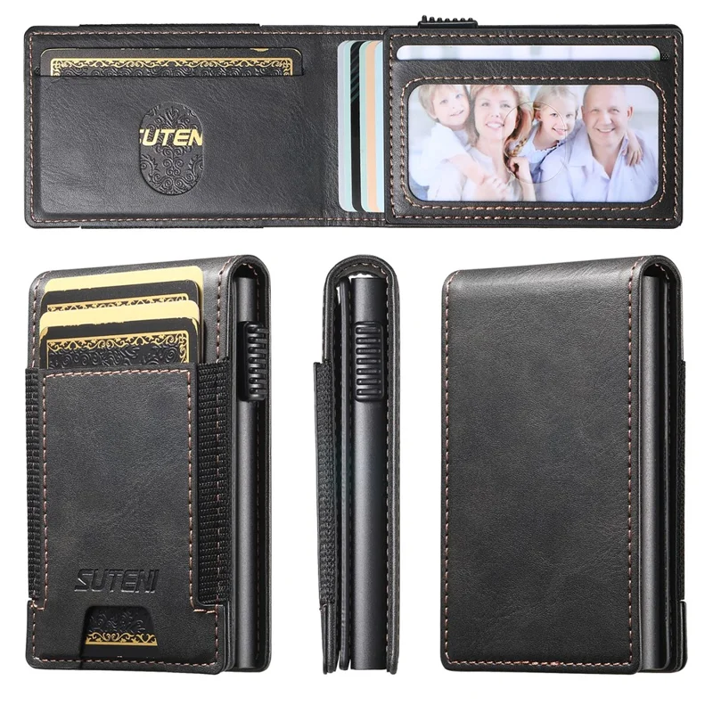 SUTENI Étui pour cartes à bande élastique avec texture cirée en cuir PU + Boîtier à cartes automatique en métal - Noir