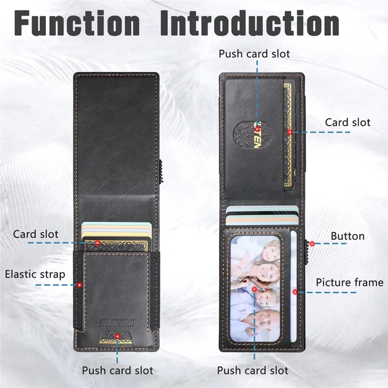 SUTENI Étui pour cartes à bande élastique avec texture cirée en cuir PU + Boîtier à cartes automatique en métal - Noir