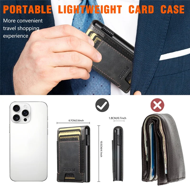 SUTENI Étui pour cartes à bande élastique avec texture cirée en cuir PU + Boîtier à cartes automatique en métal - Noir