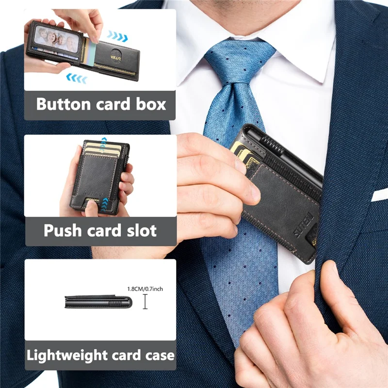 SUTENI Étui pour cartes à bande élastique avec texture cirée en cuir PU + Boîtier à cartes automatique en métal - Noir