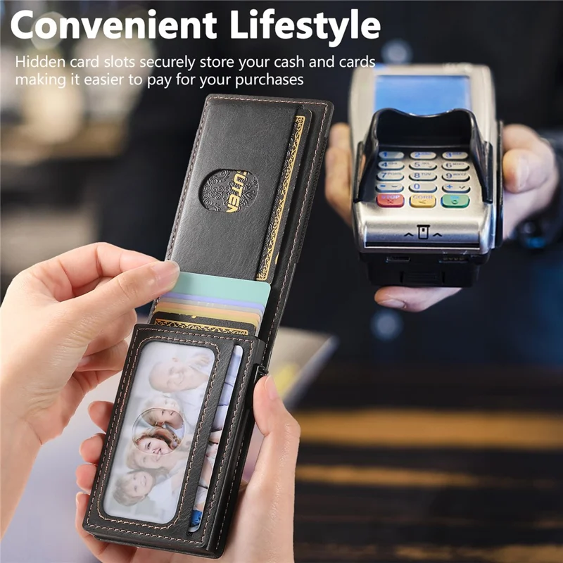 SUTENI Étui pour cartes à bande élastique avec texture cirée en cuir PU + Boîtier à cartes automatique en métal - Noir