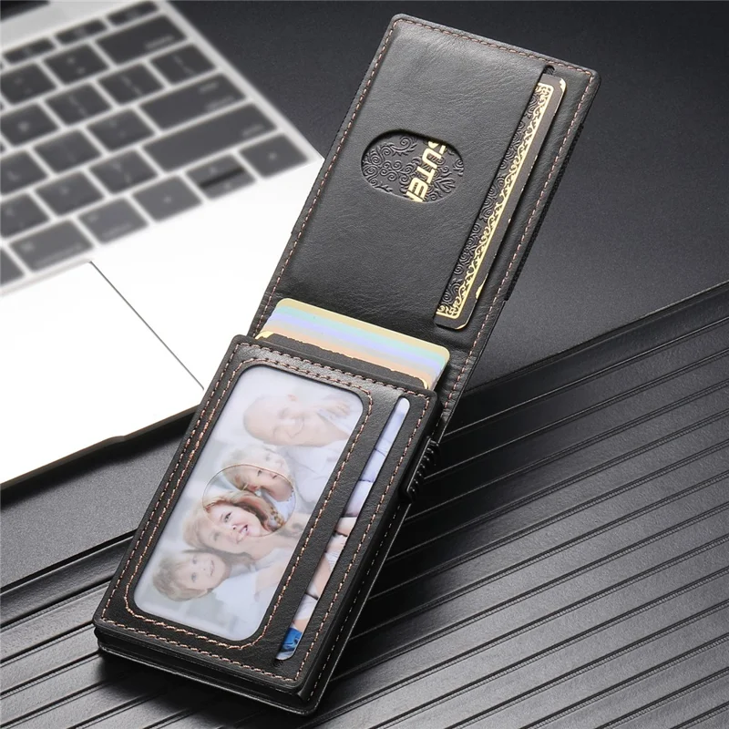 SUTENI Étui pour cartes à bande élastique avec texture cirée en cuir PU + Boîtier à cartes automatique en métal - Noir