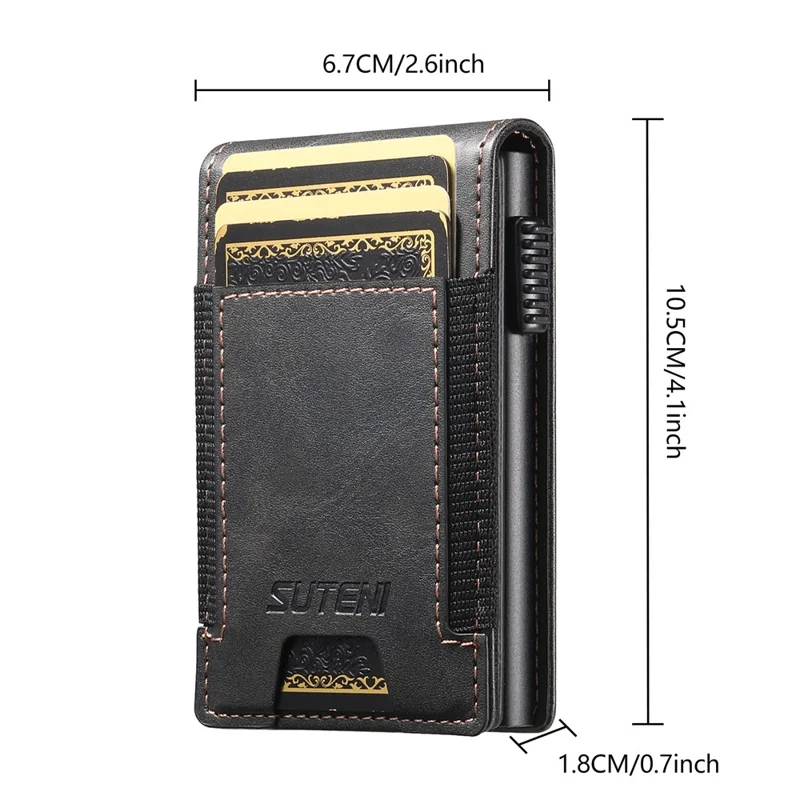 SUTENI Étui pour cartes à bande élastique avec texture cirée en cuir PU + Boîtier à cartes automatique en métal - Noir