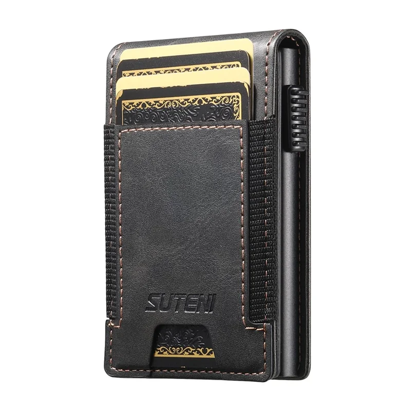 SUTENI Étui pour cartes à bande élastique avec texture cirée en cuir PU + Boîtier à cartes automatique en métal - Noir