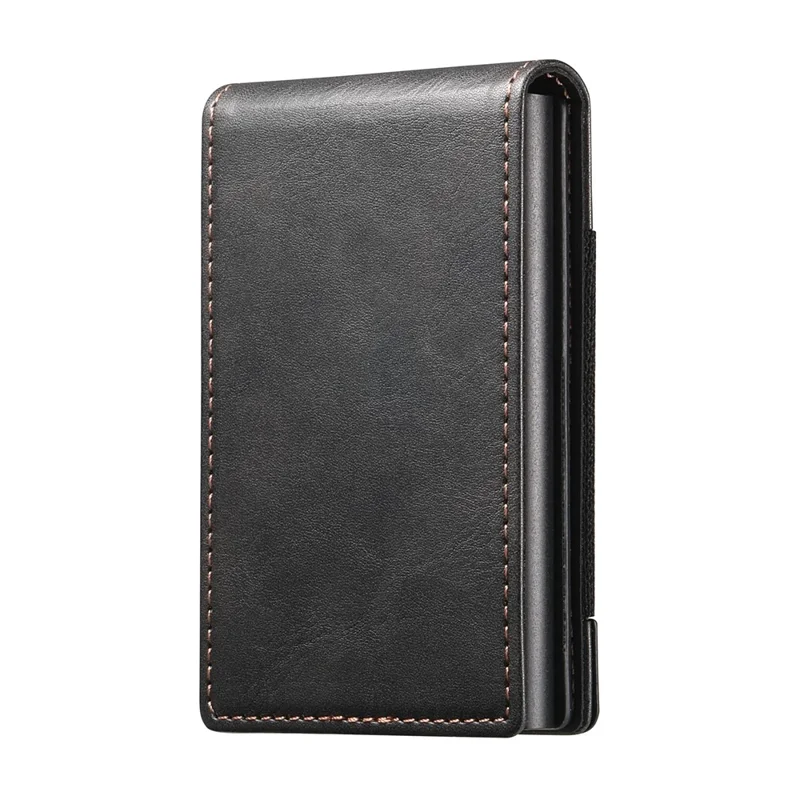 SUTENI Étui pour cartes à bande élastique avec texture cirée en cuir PU + Boîtier à cartes automatique en métal - Noir