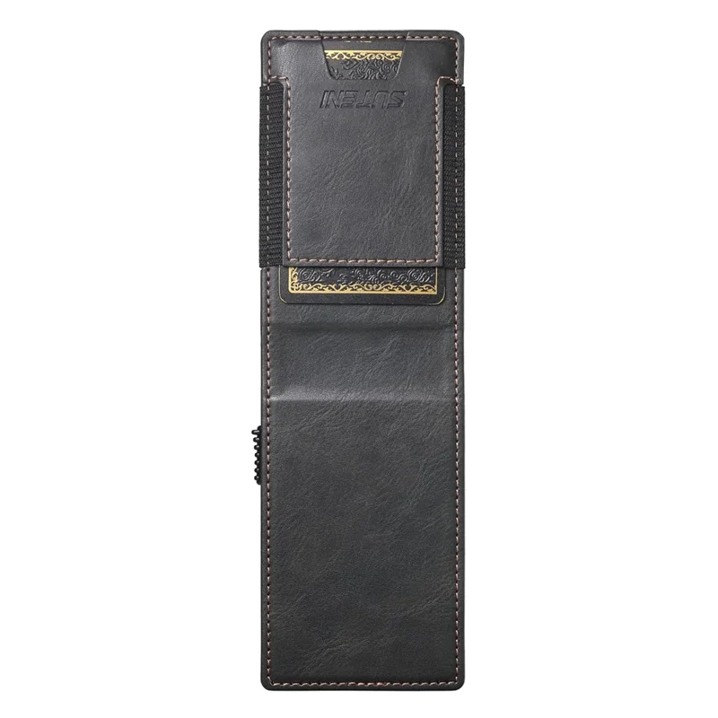 SUTENI Étui pour cartes à bande élastique avec texture cirée en cuir PU + Boîtier à cartes automatique en métal - Noir