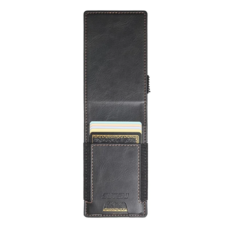 SUTENI Étui pour cartes à bande élastique avec texture cirée en cuir PU + Boîtier à cartes automatique en métal - Noir