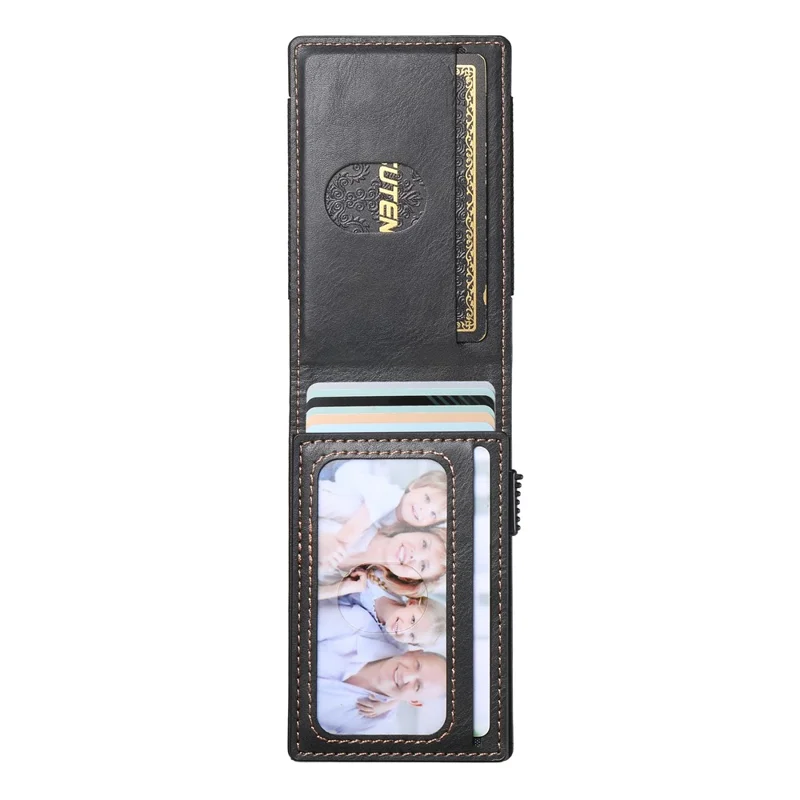 SUTENI Étui pour cartes à bande élastique avec texture cirée en cuir PU + Boîtier à cartes automatique en métal - Noir