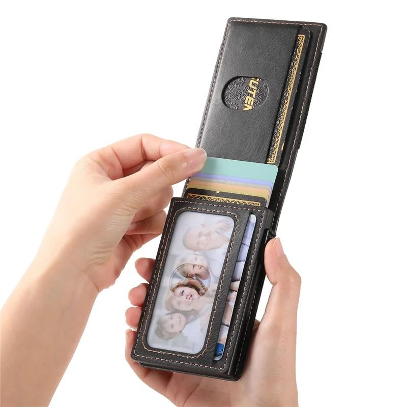 SUTENI Étui pour cartes à bande élastique avec texture cirée en cuir PU + Boîtier à cartes automatique en métal - Noir