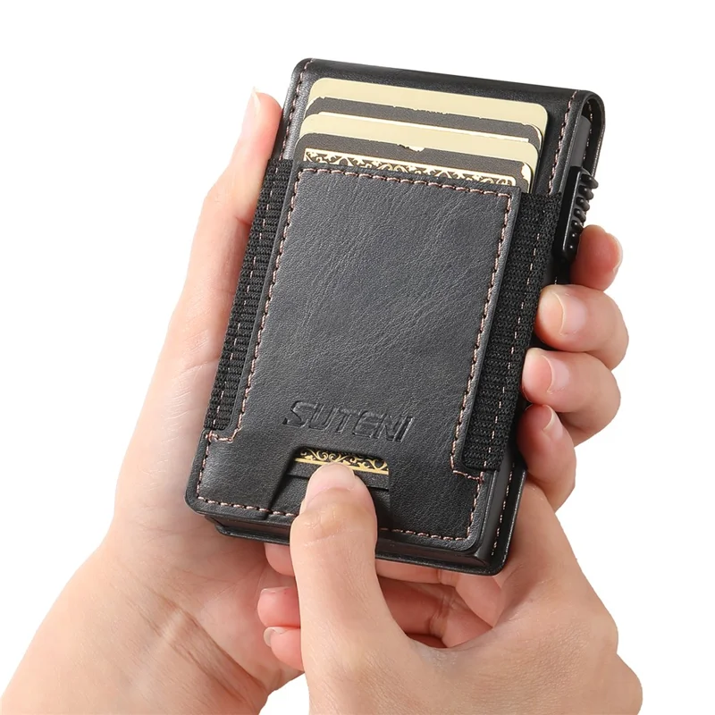 SUTENI Étui pour cartes à bande élastique avec texture cirée en cuir PU + Boîtier à cartes automatique en métal - Noir