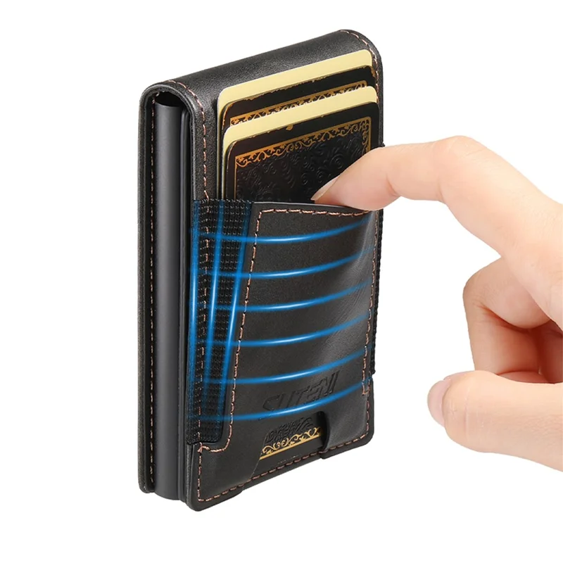 SUTENI Étui pour cartes à bande élastique avec texture cirée en cuir PU + Boîtier à cartes automatique en métal - Noir