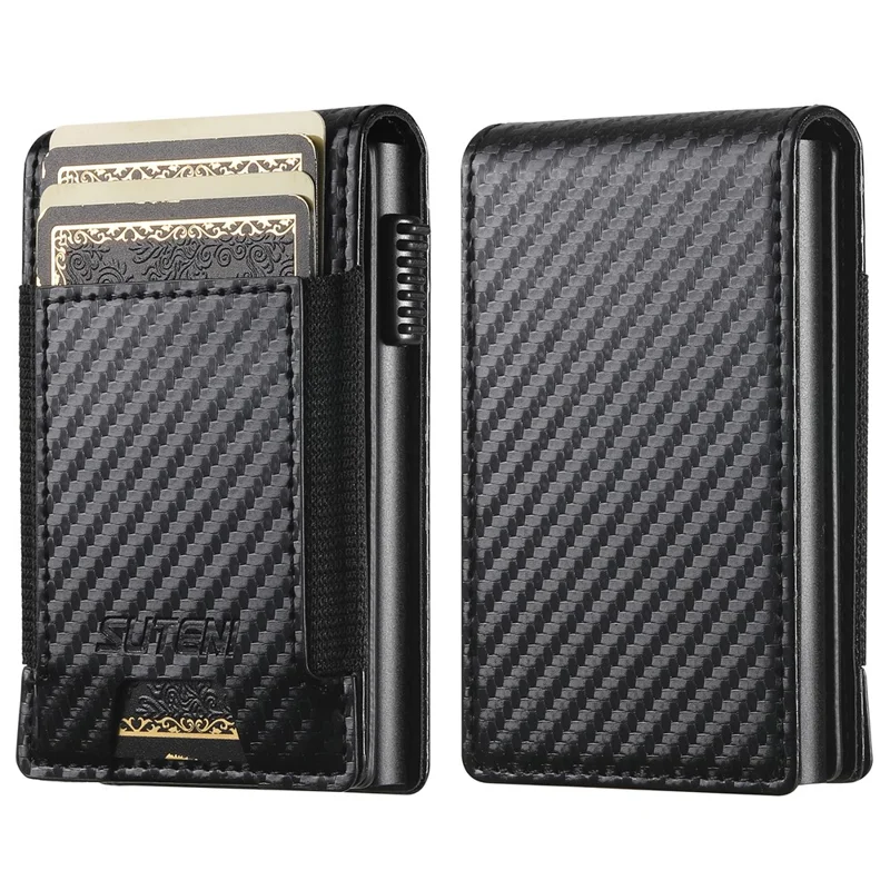 SUTENI Étui à Cartes Élastique Texture Fibre de Carbone en Cuir PU + Boîtier à Cartes Automatique Escamotable en Métal