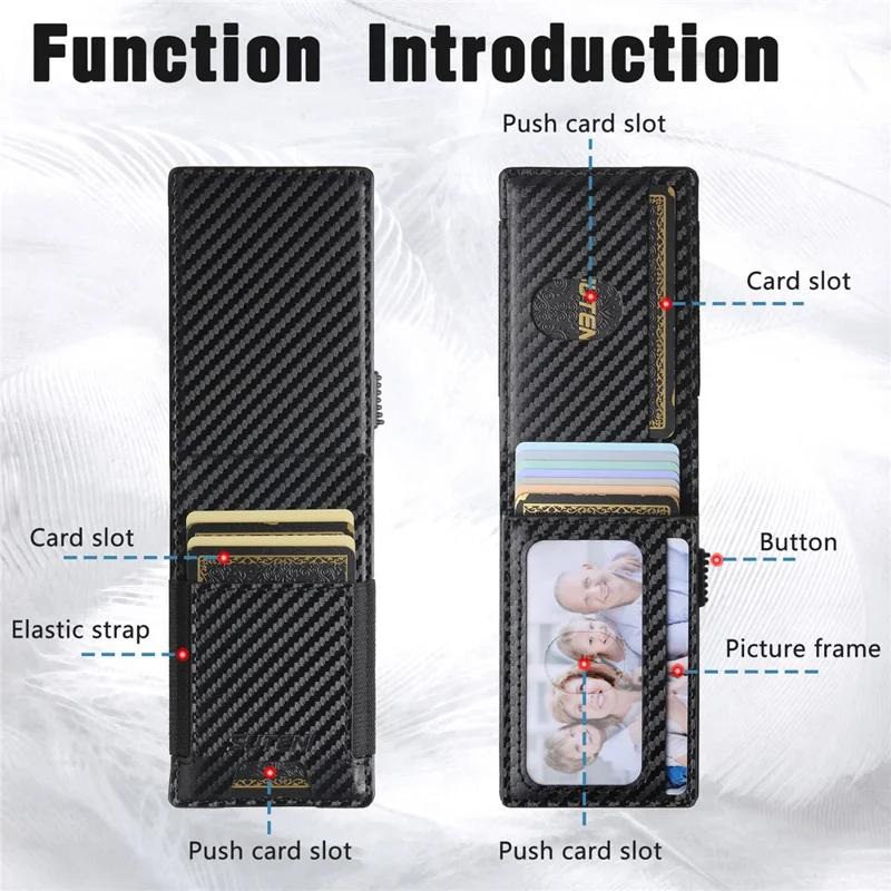 SUTENI Étui à Cartes Élastique Texture Fibre de Carbone en Cuir PU + Boîtier à Cartes Automatique Escamotable en Métal