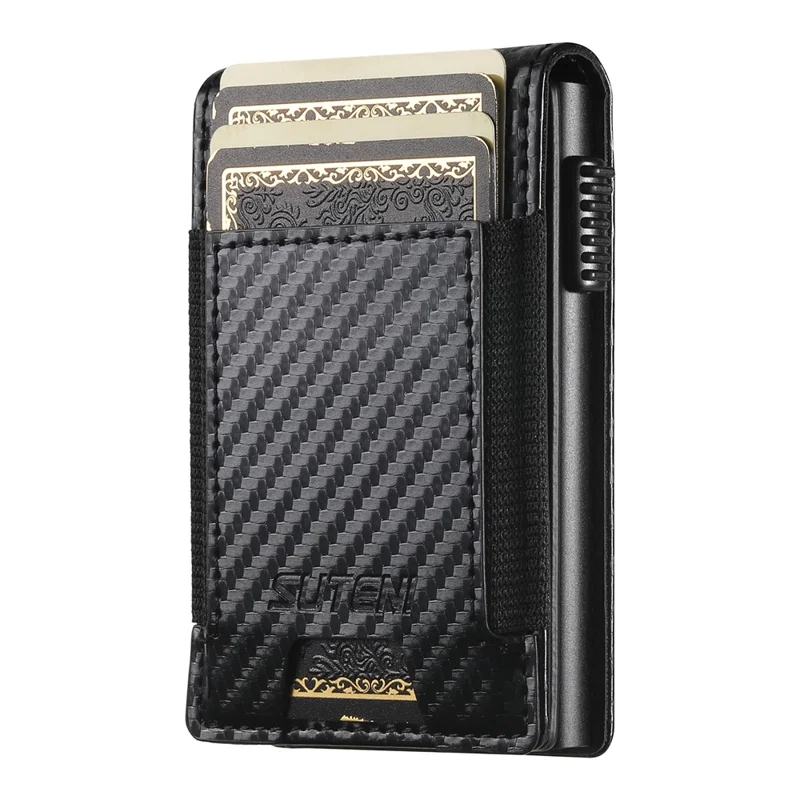 SUTENI Étui à Cartes Élastique Texture Fibre de Carbone en Cuir PU + Boîtier à Cartes Automatique Escamotable en Métal