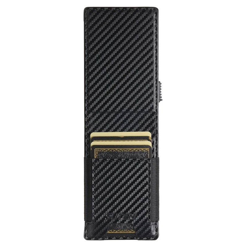 SUTENI Étui à Cartes Élastique Texture Fibre de Carbone en Cuir PU + Boîtier à Cartes Automatique Escamotable en Métal