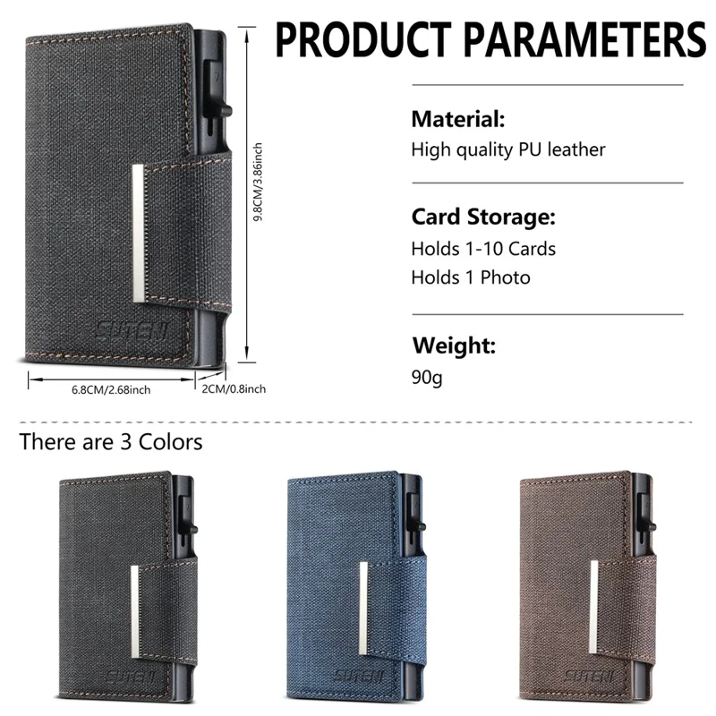 SUTENI Magnetic Clasp Card Holder Jeans Cloth Texture PU Leather + Metal Automatic Pop-Up Card Case - Black