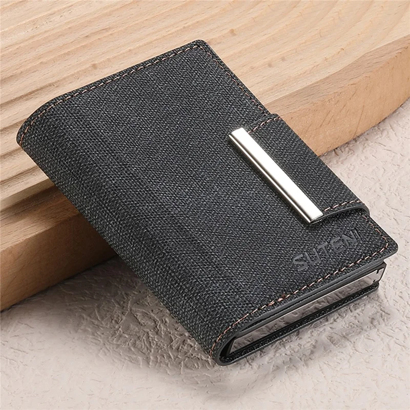 SUTENI Magnetic Clasp Card Holder Jeans Cloth Texture PU Leather + Metal Automatic Pop-Up Card Case - Black