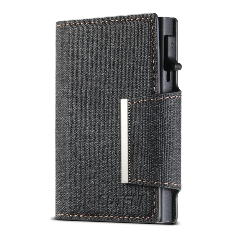 SUTENI Magnetic Clasp Card Holder Jeans Cloth Texture PU Leather + Metal Automatic Pop-Up Card Case - Black
