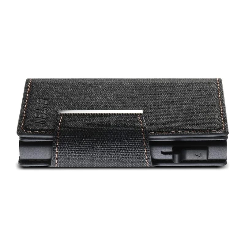 SUTENI Magnetic Clasp Card Holder Jeans Cloth Texture PU Leather + Metal Automatic Pop-Up Card Case - Black
