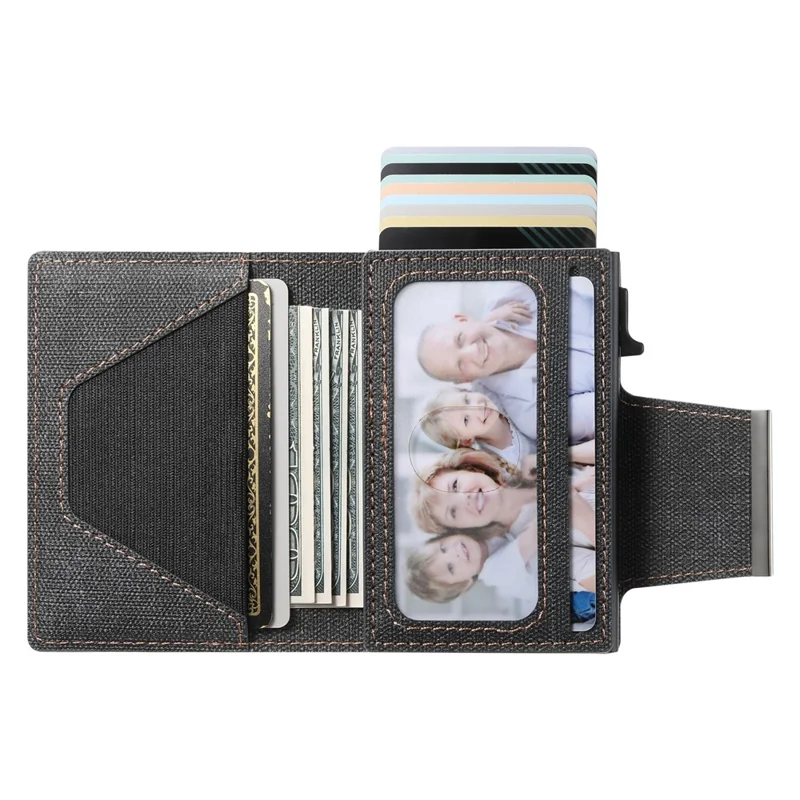 SUTENI Magnetic Clasp Card Holder Jeans Cloth Texture PU Leather + Metal Automatic Pop-Up Card Case - Black