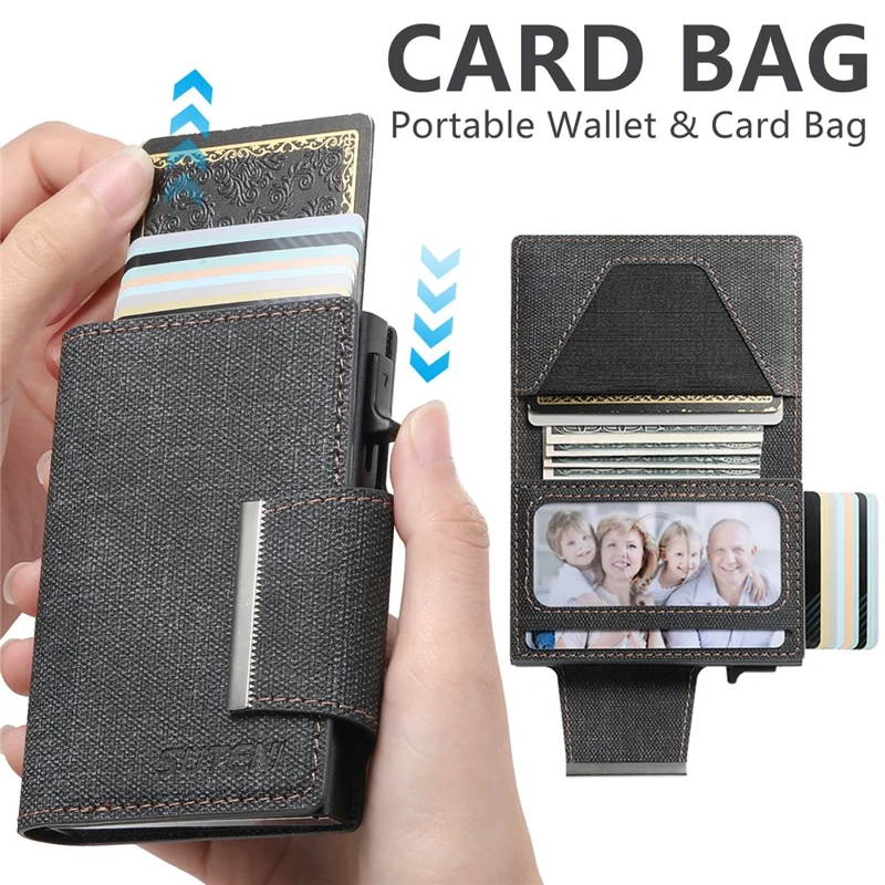 SUTENI Magnetic Clasp Card Holder Jeans Cloth Texture PU Leather + Metal Automatic Pop-Up Card Case - Black