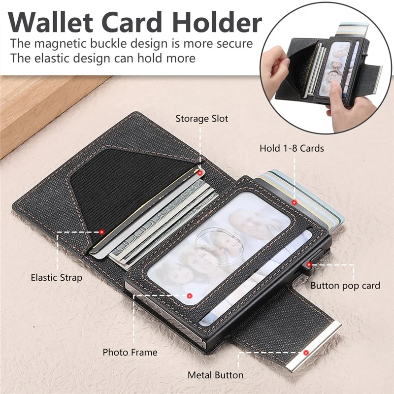 SUTENI Magnetic Clasp Card Holder Jeans Cloth Texture PU Leather + Metal Automatic Pop-Up Card Case - Black