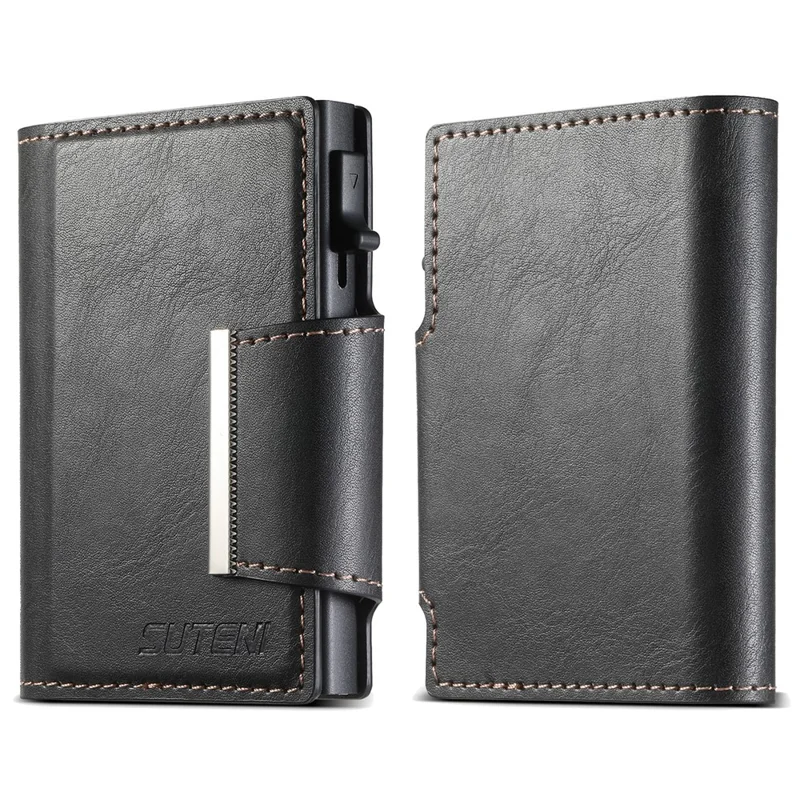 SUTENI Étui à Cartes Magnétique avec Texture Cirée en Cuir PU + Métal, Boîtier à Cartes Automatique Pop-Up - Noir