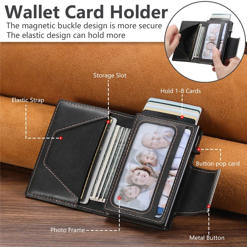 SUTENI Étui à Cartes Magnétique avec Texture Cirée en Cuir PU + Métal, Boîtier à Cartes Automatique Pop-Up - Noir
