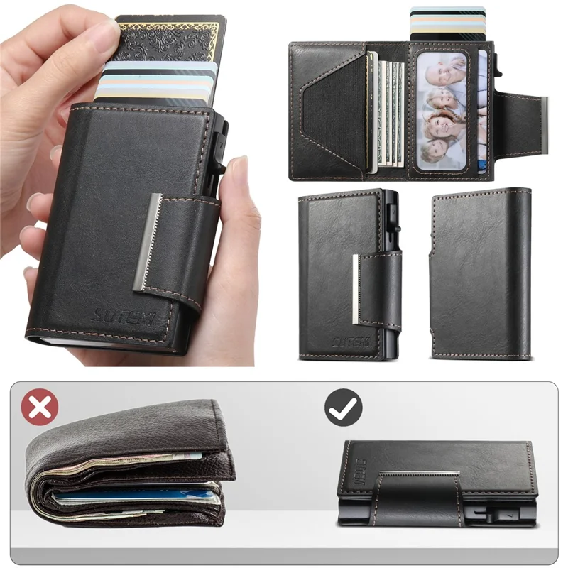 SUTENI Étui à Cartes Magnétique avec Texture Cirée en Cuir PU + Métal, Boîtier à Cartes Automatique Pop-Up - Noir